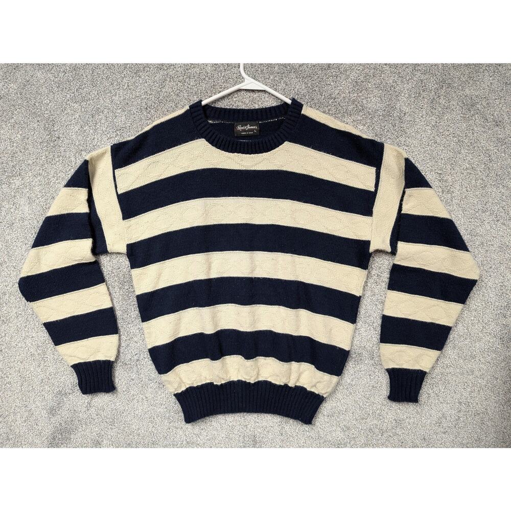 Vintage 80s 90s Reed St James Sweater L Blue Cream Stripe Preppy Heritage Knit